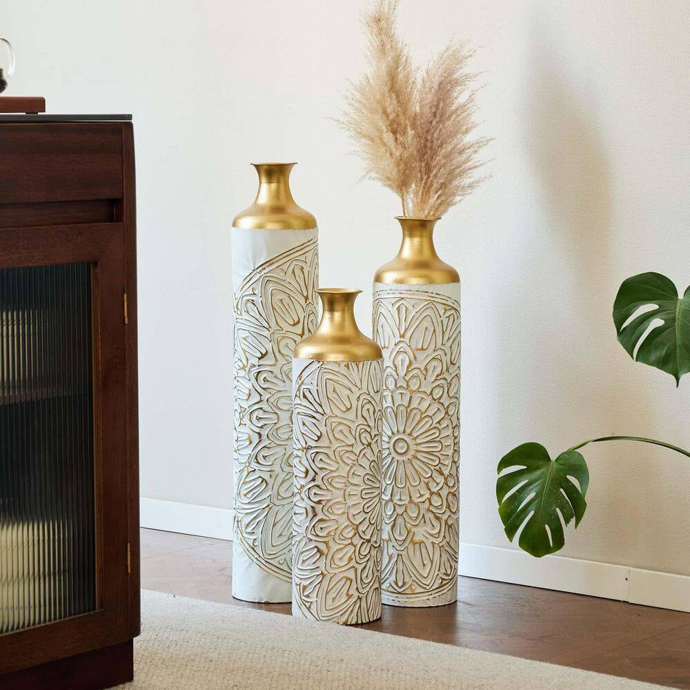 33.07/29.13/24.41 In. Gold and White Metal Modern Style Floor Bottle Vases Set of 3 Gorgeous Home Decoration for Indoor