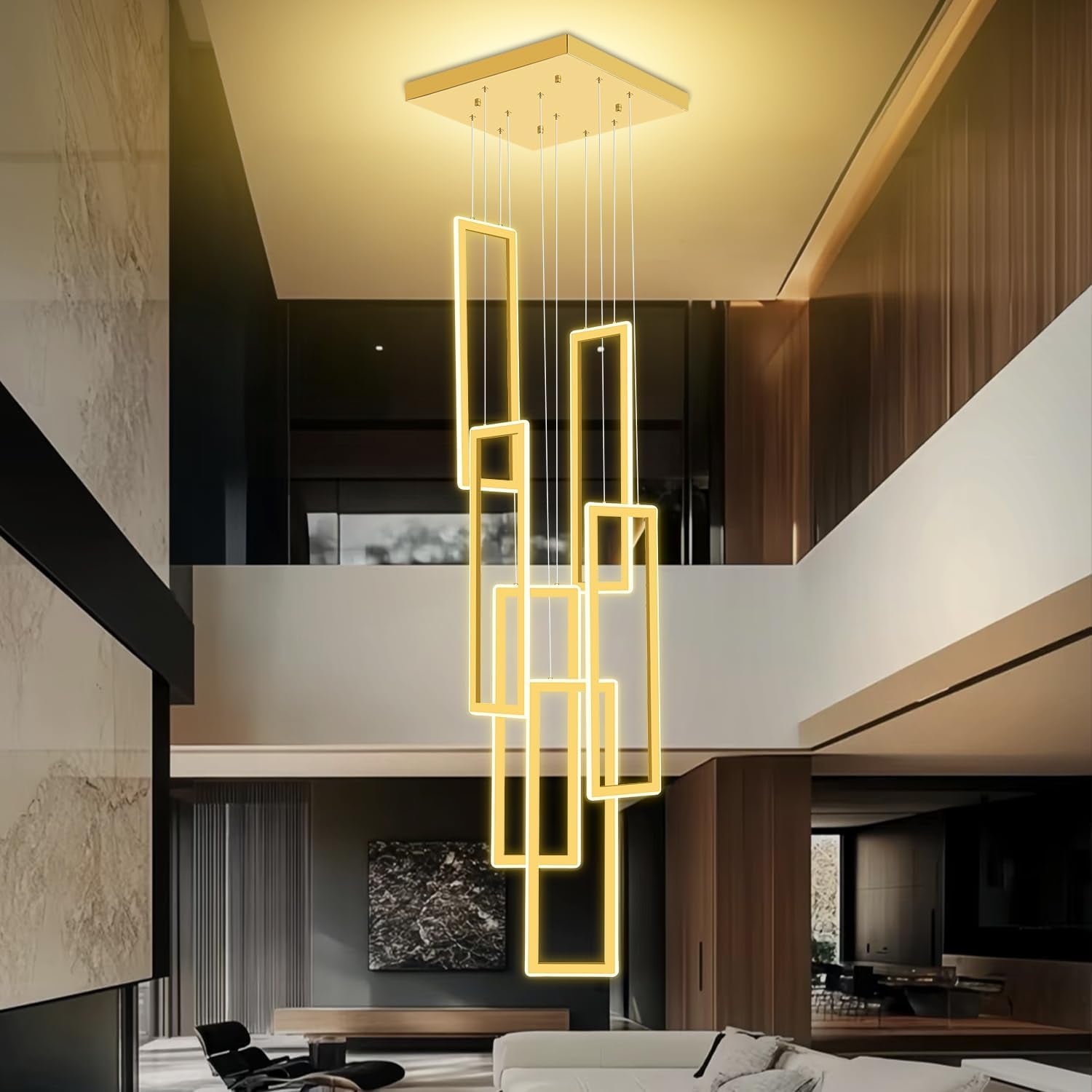 Gold 6 Ring Chandelier Foyer High Ceiling Chandelier Large Contemporary Led Rectangle Chandeliers for Staircase Villa