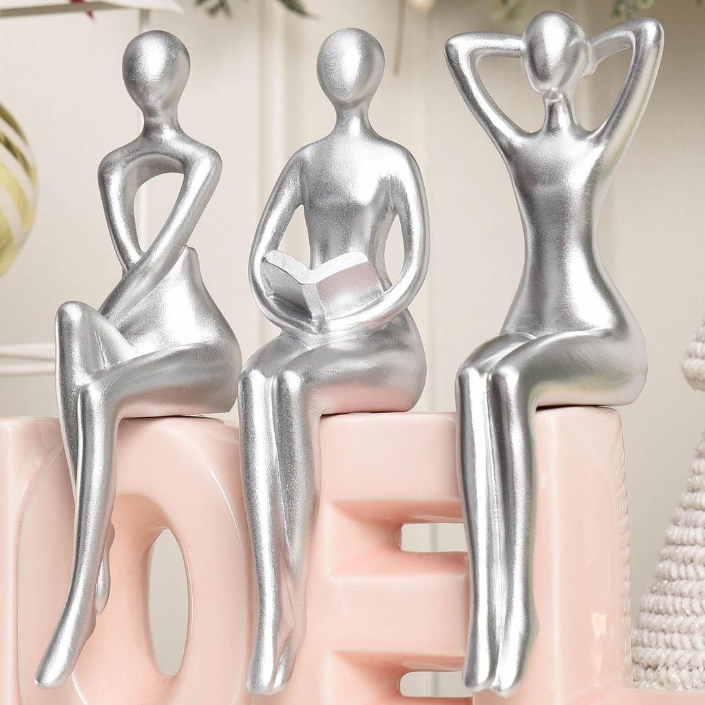 Thinker Statue Office Desk Decor, Silver Art Sculpture Ornament Coffee Table Bookshelf Decor Modern Home Unique Home Decorations for Living Room 3 Piece