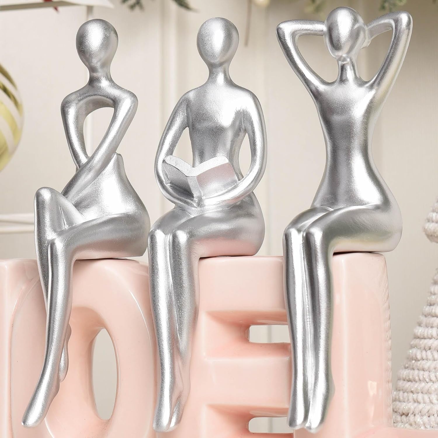 Thinker Statue Office Desk Decor, Silver Art Sculpture Ornament Coffee Table Bookshelf Decor Modern Home Unique Home Decorations for Living Room 3 Piece