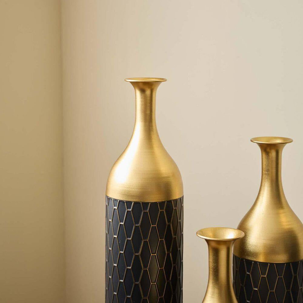 34.25/30.31/24.8 In. Black and Gold Metal Modern Style Floor Bottle Vases, Floral Display Set of 3 Home Decorative Vase