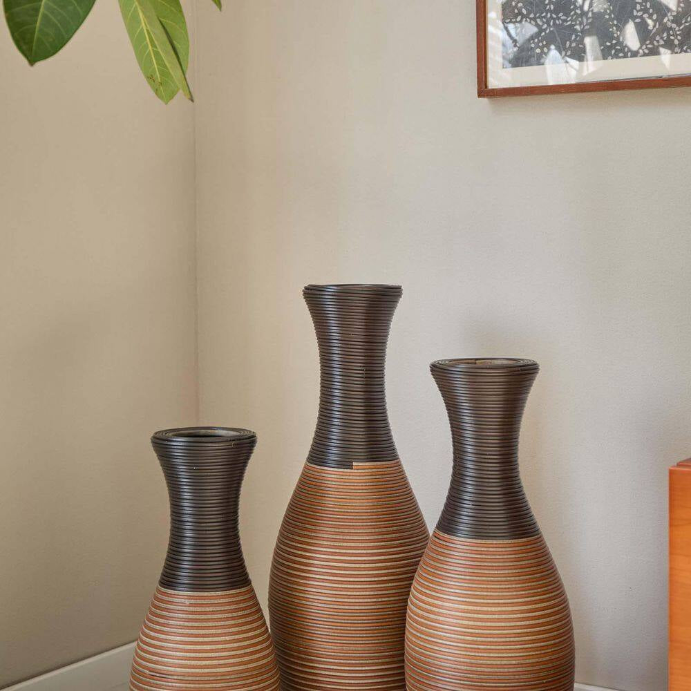 27.56/23.62/19.69 In. Brown Bottle PVC Artificial Rattan Floor Composite Vases Set of 3 Home Decoration for Living Rooms