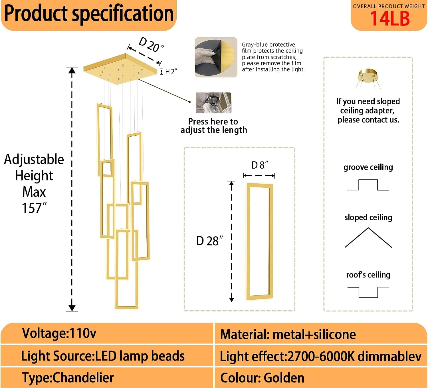 Gold 6 Ring Chandelier Foyer High Ceiling Chandelier Large Contemporary Led Rectangle Chandeliers for Staircase Villa