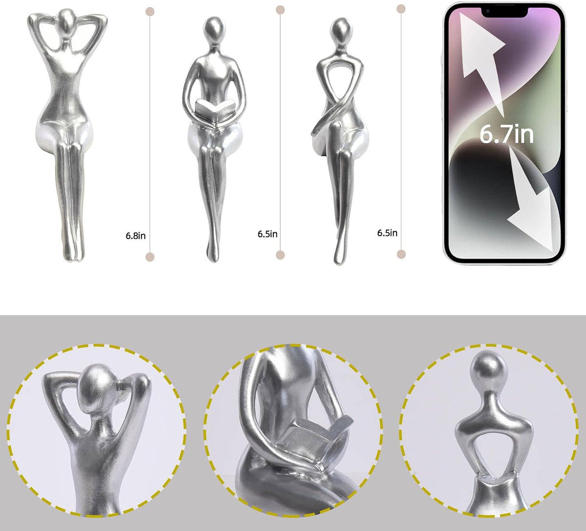 Thinker Statue Office Desk Decor, Silver Art Sculpture Ornament Coffee Table Bookshelf Decor Modern Home Unique Home Decorations for Living Room 3 Piece