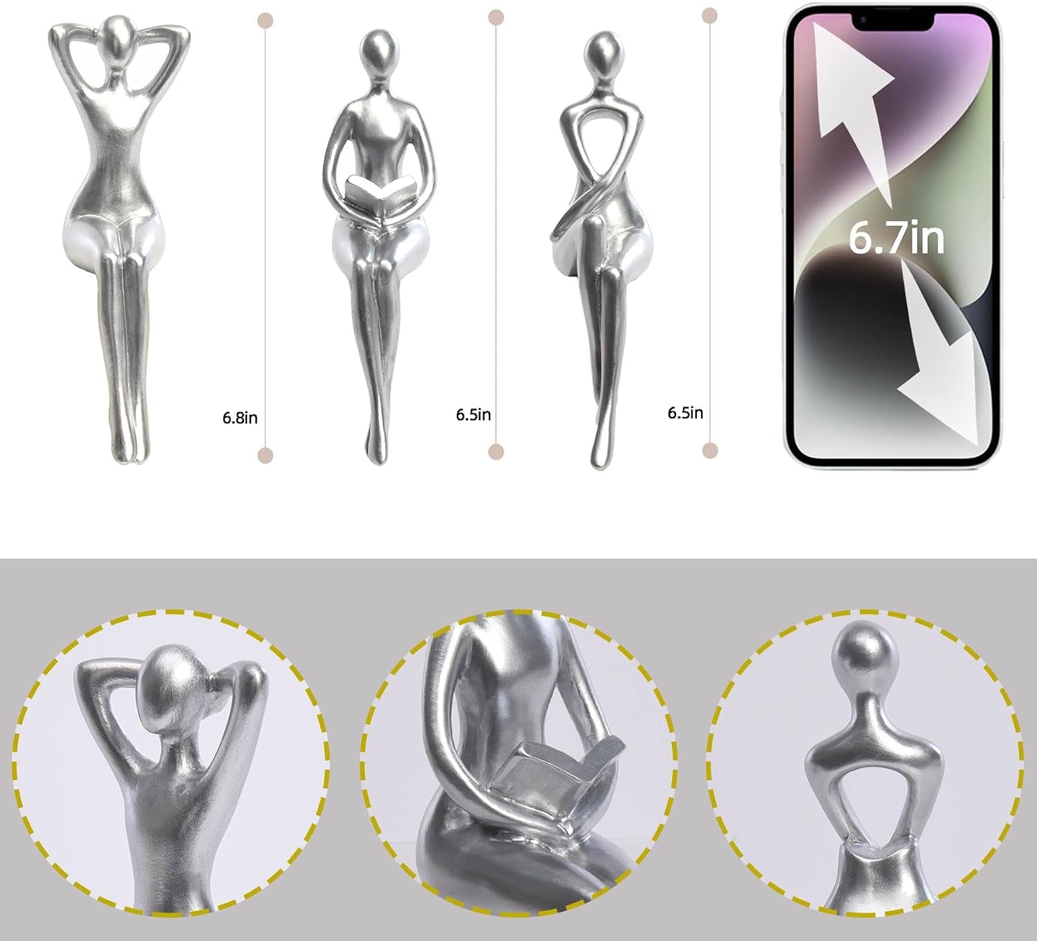 Thinker Statue Office Desk Decor, Silver Art Sculpture Ornament Coffee Table Bookshelf Decor Modern Home Unique Home Decorations for Living Room 3 Piece