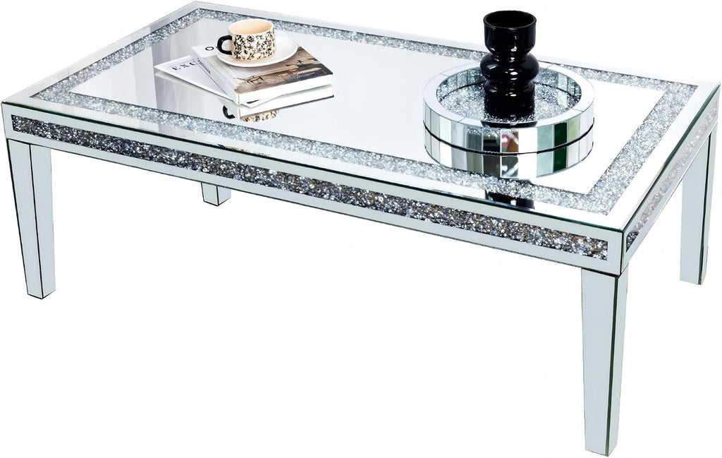 Silver Mirrored Coffee Table: Crushed Diamond Mirror Framing Edge