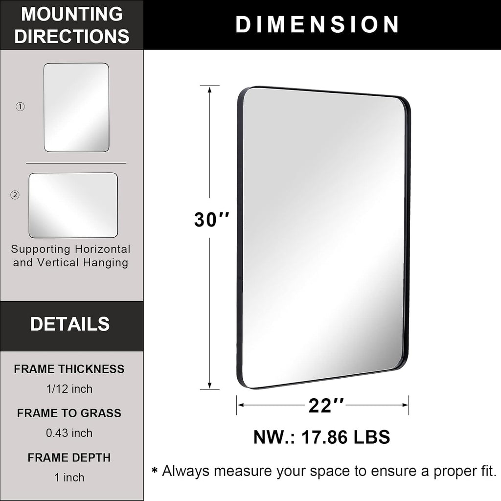 Wall Mirror for Bathroom with Stainless Steel Metal Frame, 22"X30" Rectangle Rounded Corner Frame, Matte Black Finish