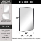 Wall Mirror for Bathroom with Stainless Steel Metal Frame, 22"X30" Rectangle Rounded Corner Frame, Matte Black Finish