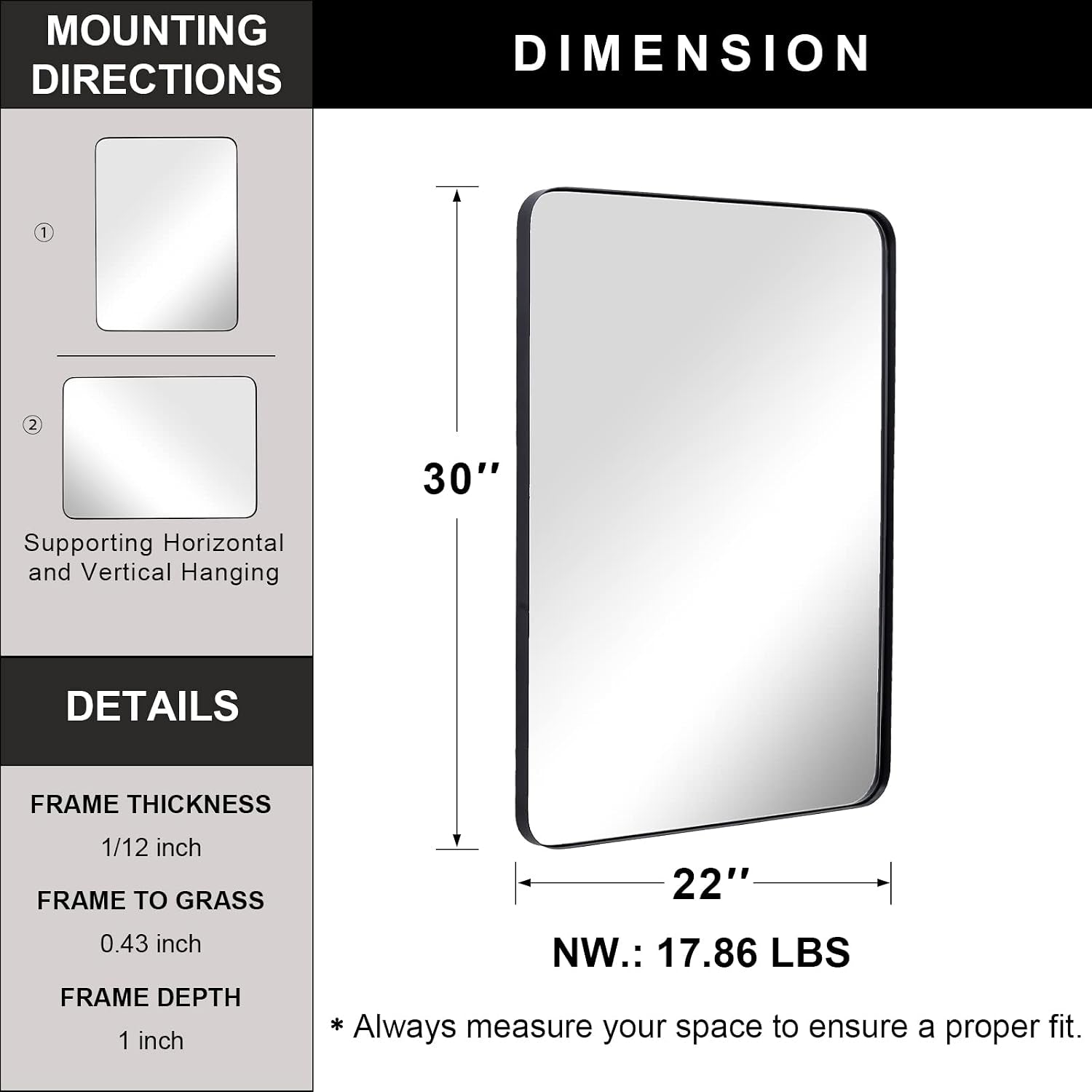 Wall Mirror for Bathroom with Stainless Steel Metal Frame, 22"X30" Rectangle Rounded Corner Frame, Matte Black Finish