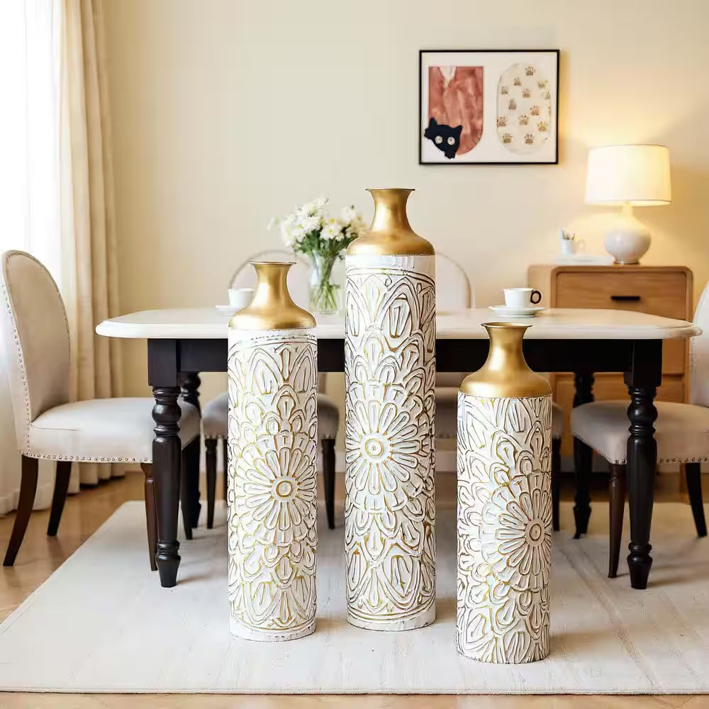 33.07/29.13/24.41 In. Gold and White Metal Modern Style Floor Bottle Vases Set of 3 Gorgeous Home Decoration for Indoor