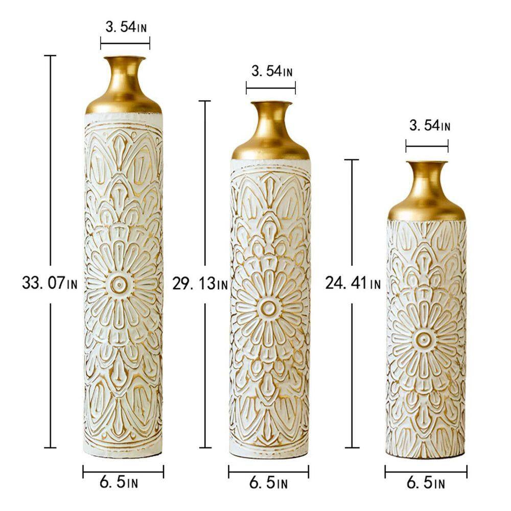33.07/29.13/24.41 In. Gold and White Metal Modern Style Floor Bottle Vases Set of 3 Gorgeous Home Decoration for Indoor