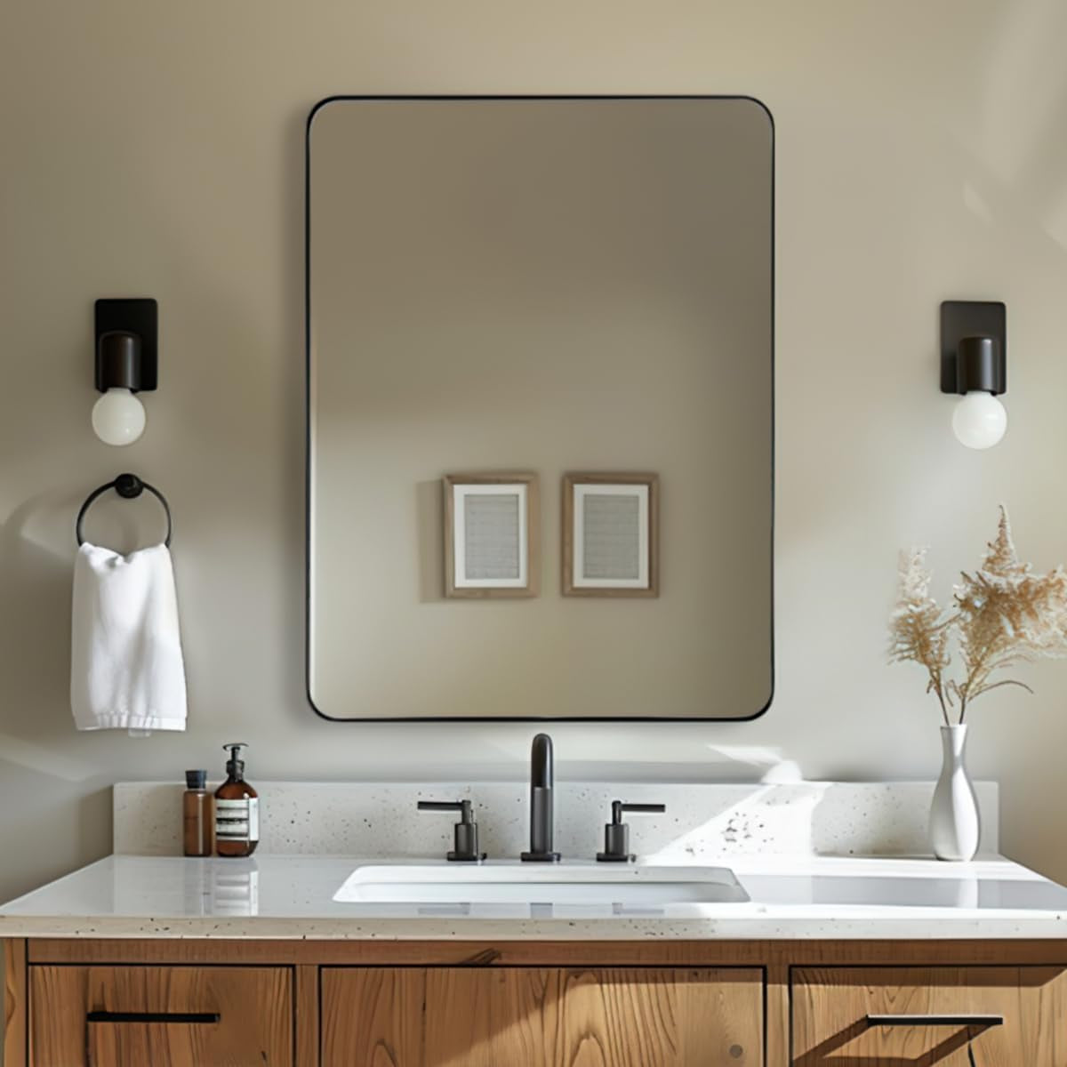 Wall Mirror for Bathroom with Stainless Steel Metal Frame, 22"X30" Rectangle Rounded Corner Frame, Matte Black Finish