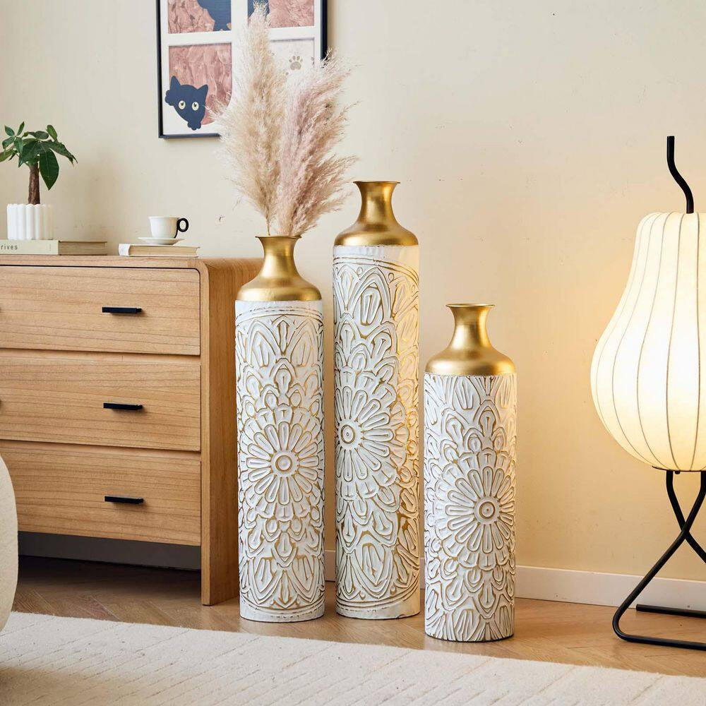 33.07/29.13/24.41 In. Gold and White Metal Modern Style Floor Bottle Vases Set of 3 Gorgeous Home Decoration for Indoor
