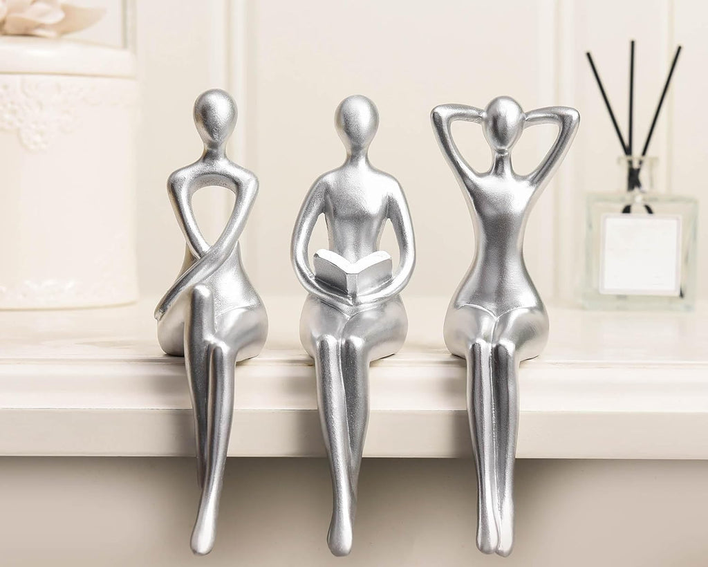 Thinker Statue Office Desk Decor, Silver Art Sculpture Ornament Coffee Table Bookshelf Decor Modern Home Unique Home Decorations for Living Room 3 Piece