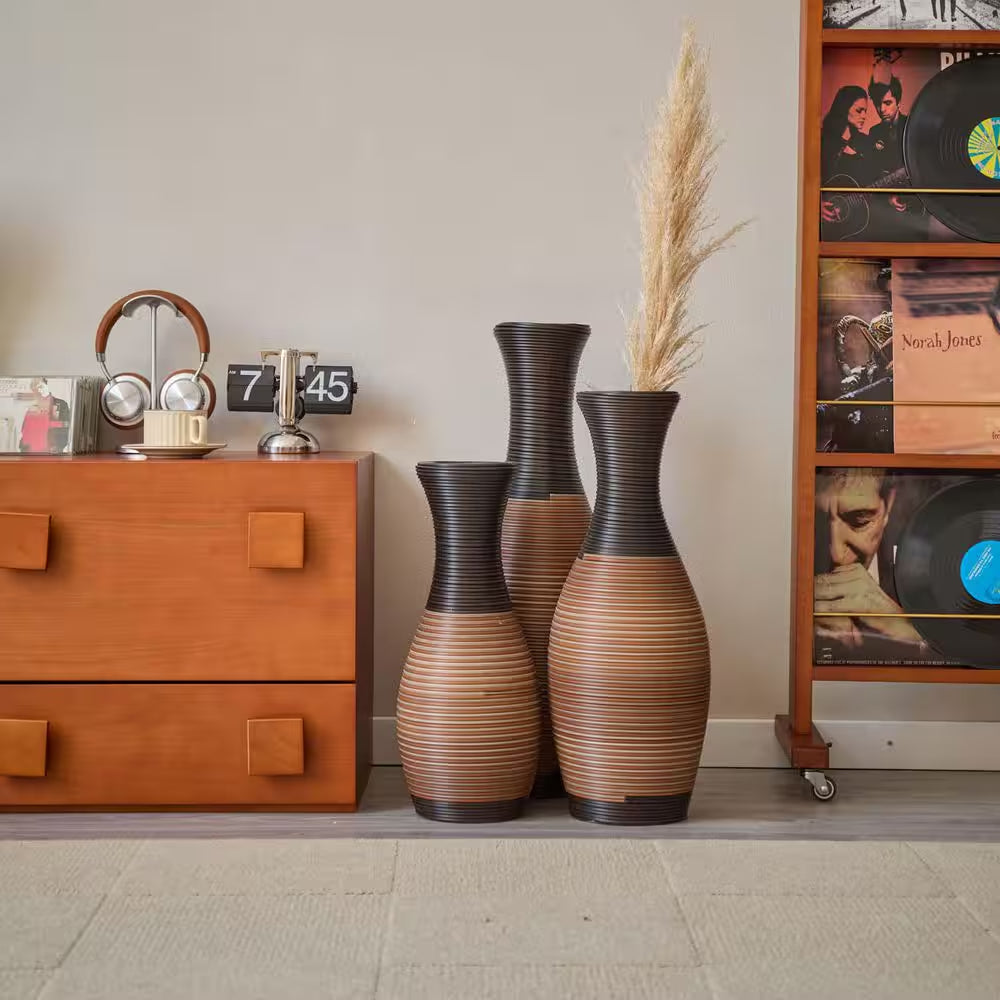 27.56/23.62/19.69 In. Brown Bottle PVC Artificial Rattan Floor Composite Vases Set of 3 Home Decoration for Living Rooms