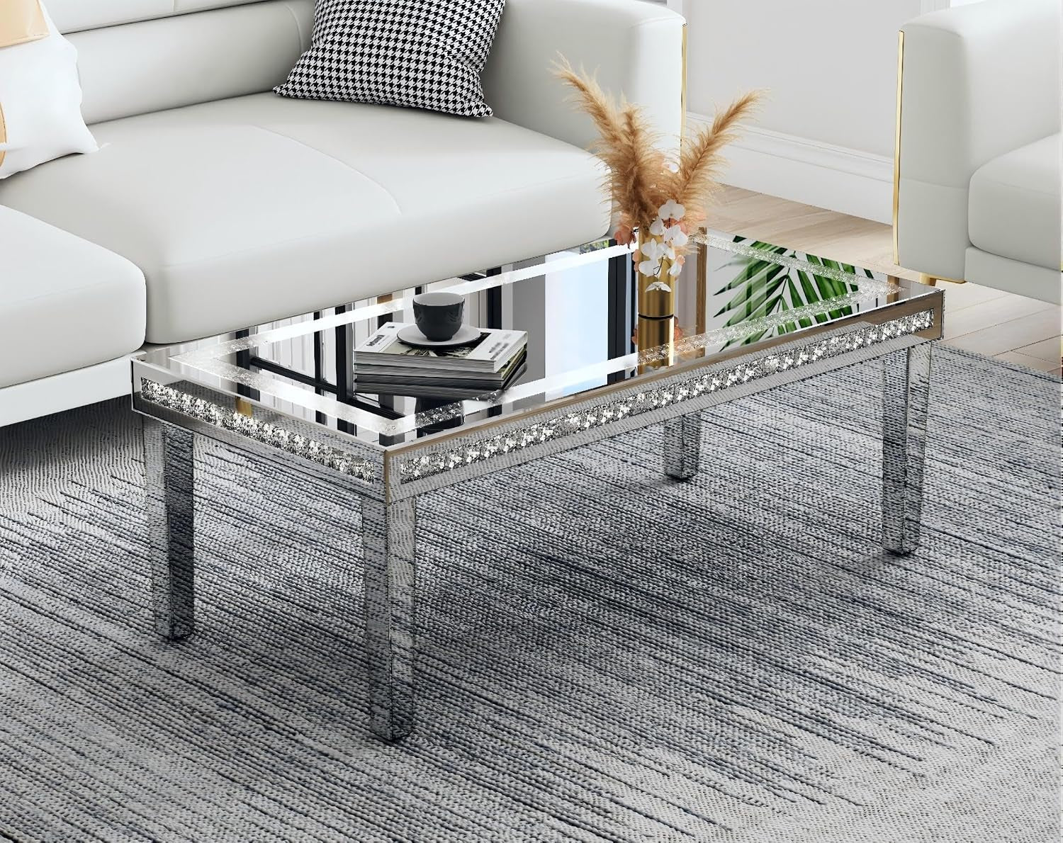 Silver Mirrored Coffee Table: Crushed Diamond Mirror Framing Edge