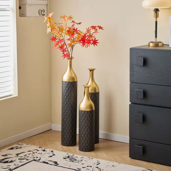 34.25/30.31/24.8 In. Black and Gold Metal Modern Style Floor Bottle Vases, Floral Display Set of 3 Home Decorative Vase