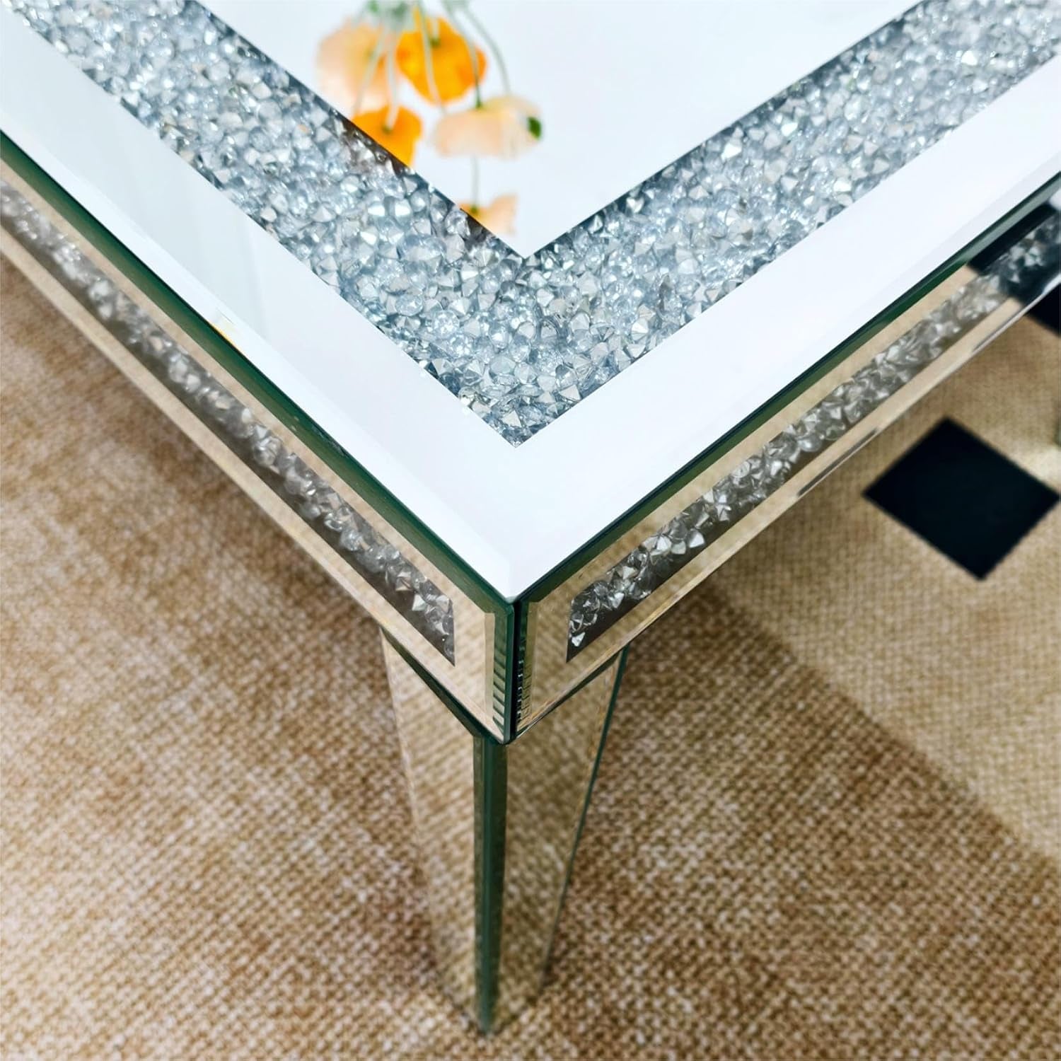 Silver Mirrored Coffee Table: Crushed Diamond Mirror Framing Edge