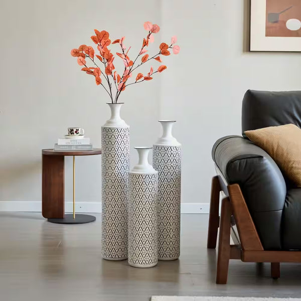 33.85/29.13/24.8 In. White & Black Metal Modern Style Floor Bottle Vases, Set of 3 Decoration Gorgeous Home Decoration