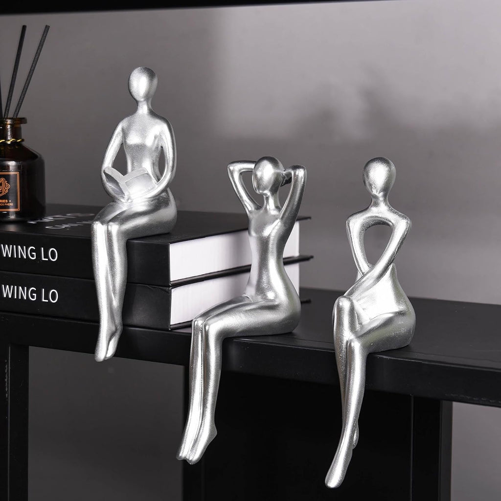 Thinker Statue Office Desk Decor, Silver Art Sculpture Ornament Coffee Table Bookshelf Decor Modern Home Unique Home Decorations for Living Room 3 Piece