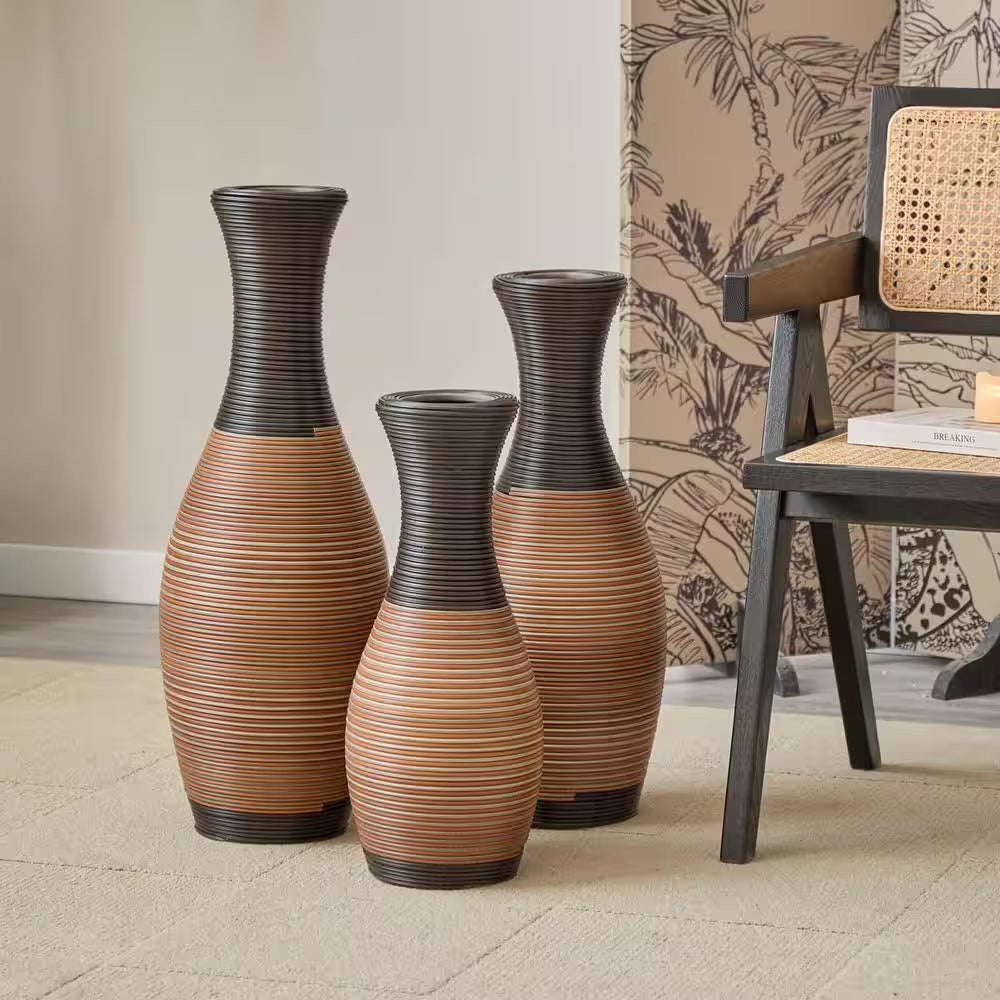 27.56/23.62/19.69 In. Brown Bottle PVC Artificial Rattan Floor Composite Vases Set of 3 Home Decoration for Living Rooms