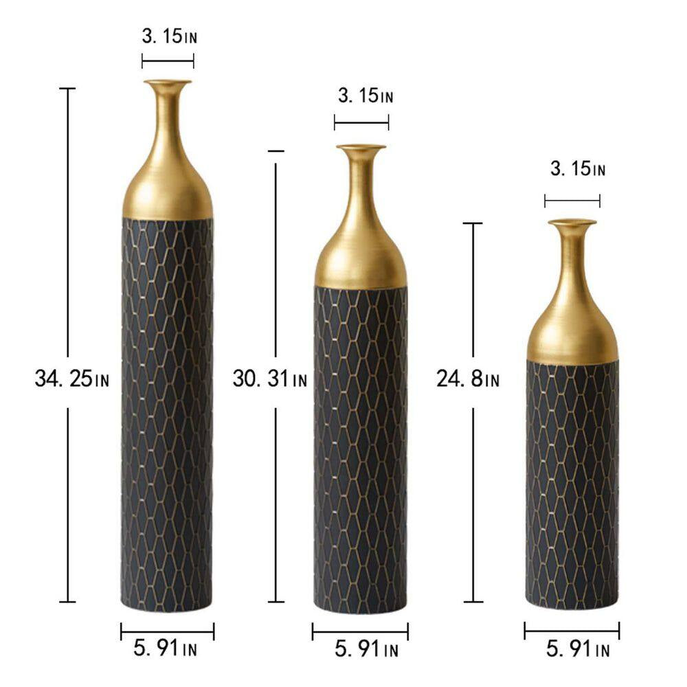 34.25/30.31/24.8 In. Black and Gold Metal Modern Style Floor Bottle Vases, Floral Display Set of 3 Home Decorative Vase