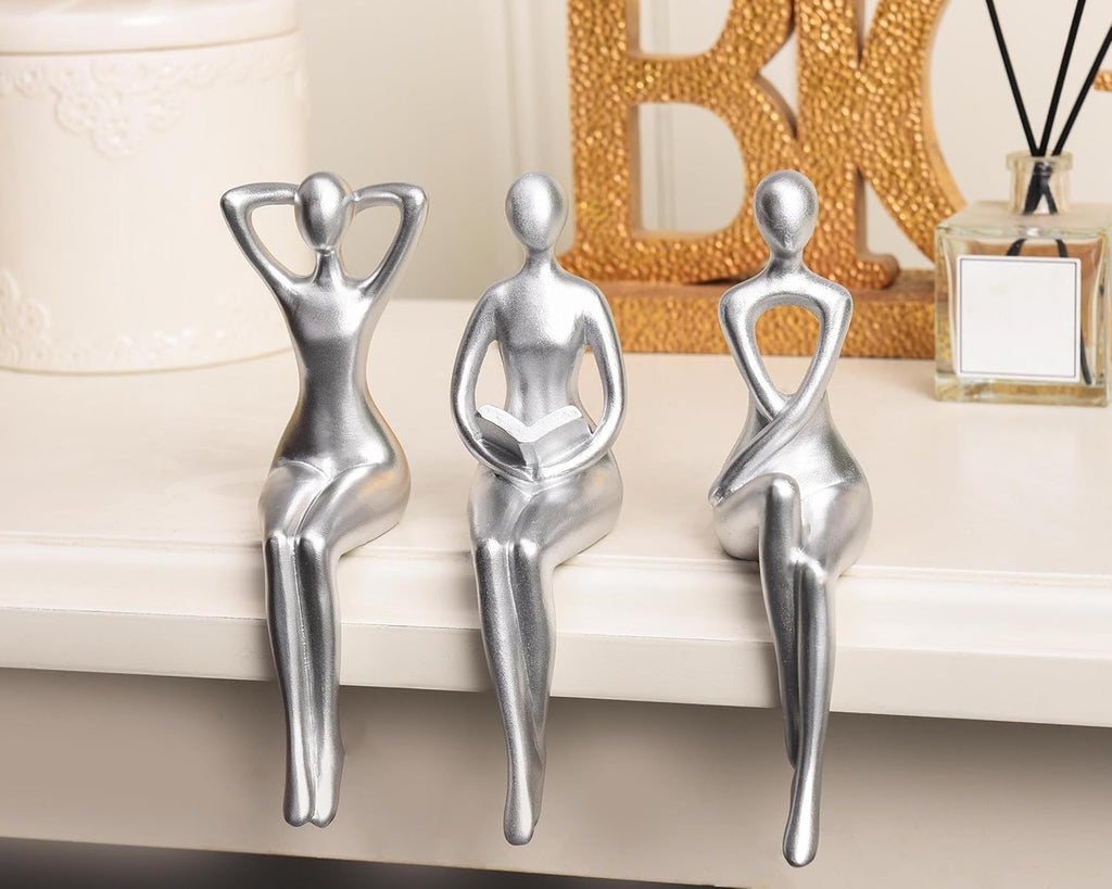 Thinker Statue Office Desk Decor, Silver Art Sculpture Ornament Coffee Table Bookshelf Decor Modern Home Unique Home Decorations for Living Room 3 Piece