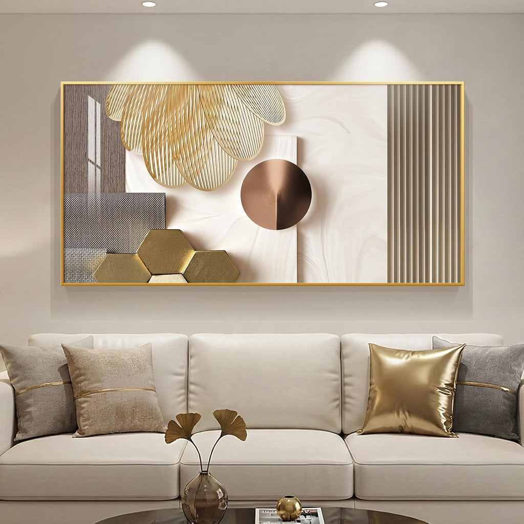 Extra Large Framed Modern Luxury Gold Wall Art for Living Room, 56X28 Inch