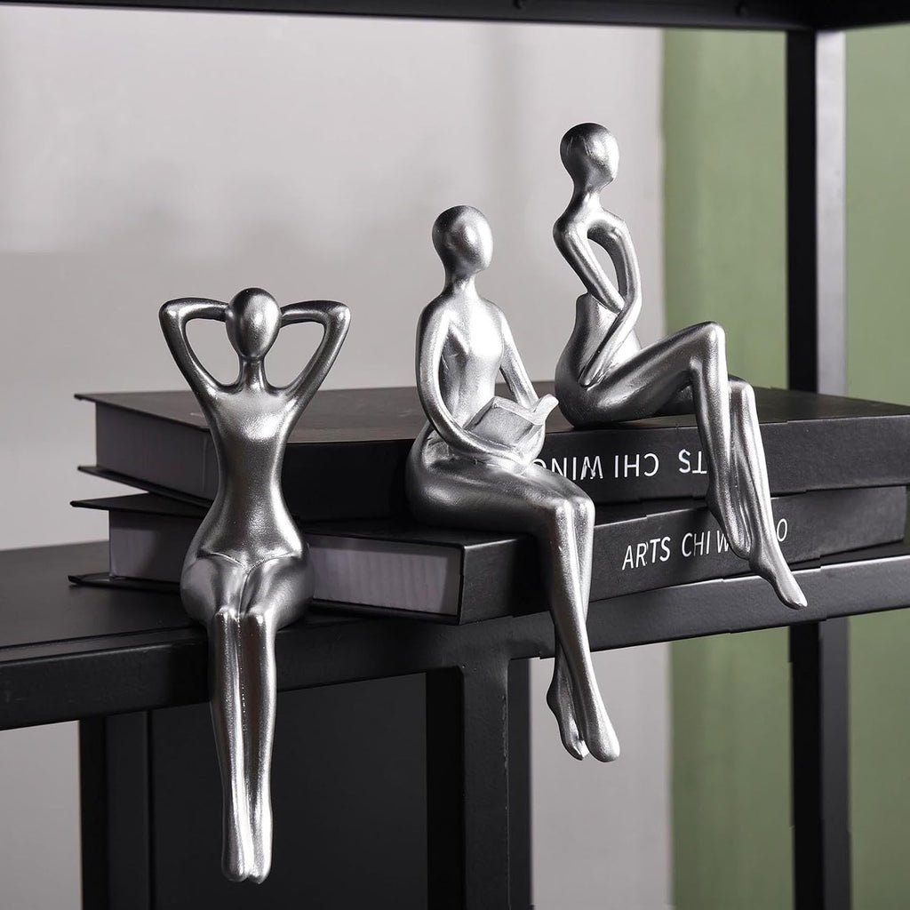 Thinker Statue Office Desk Decor, Silver Art Sculpture Ornament Coffee Table Bookshelf Decor Modern Home Unique Home Decorations for Living Room 3 Piece