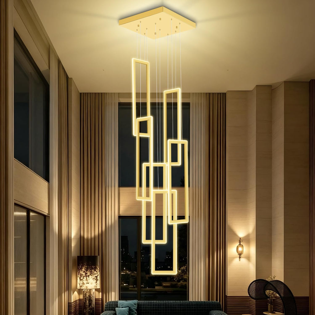 Gold 6 Ring Chandelier Foyer High Ceiling Chandelier Large Contemporary Led Rectangle Chandeliers for Staircase Villa