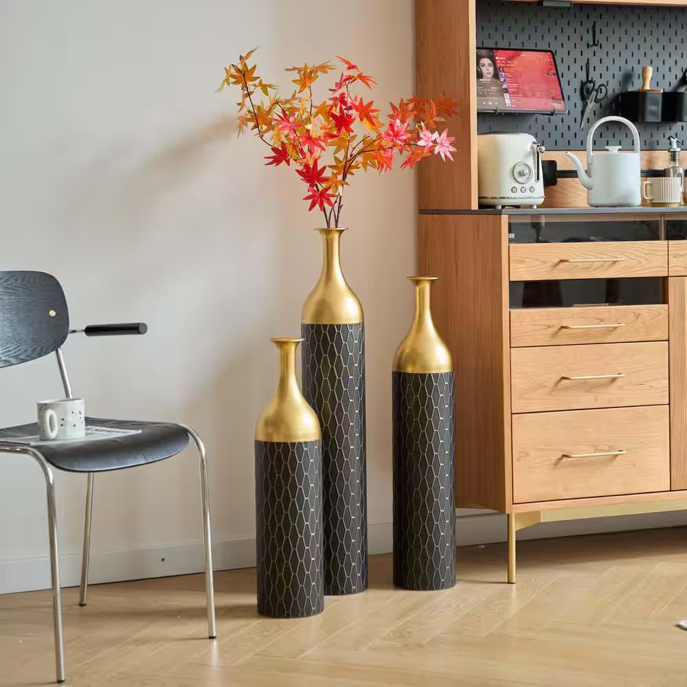 34.25/30.31/24.8 In. Black and Gold Metal Modern Style Floor Bottle Vases, Floral Display Set of 3 Home Decorative Vase