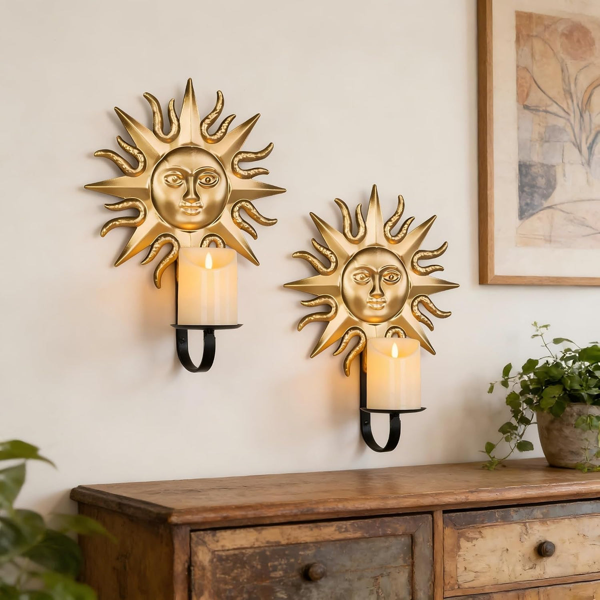 Candle Sconce,Set of 2 Gold Sun Metal Candle Sconces Wall Mounted Holders for Home,Living Room, Dining Room,Rustic Farmhouse Garden Yard Patio Boho Wall Decor