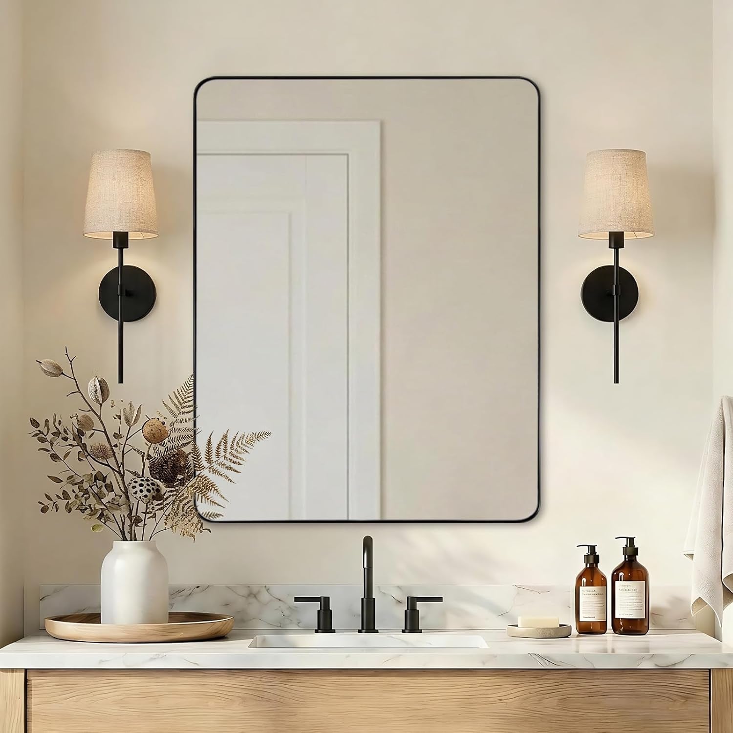 Wall Mirror for Bathroom with Stainless Steel Metal Frame, 22"X30" Rectangle Rounded Corner Frame, Matte Black Finish