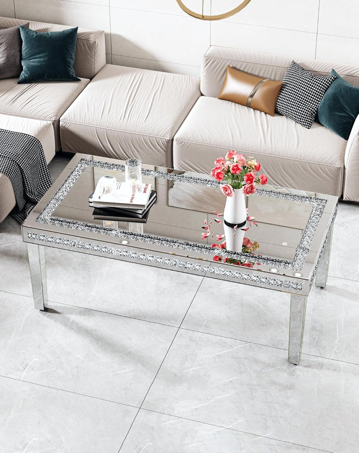 Silver Mirrored Coffee Table: Crushed Diamond Mirror Framing Edge