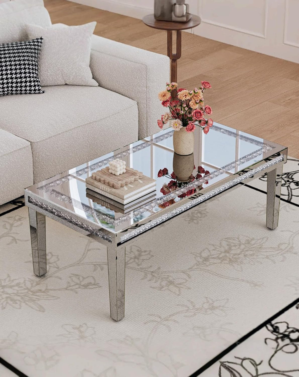 Silver Mirrored Coffee Table: Crushed Diamond Mirror Framing Edge