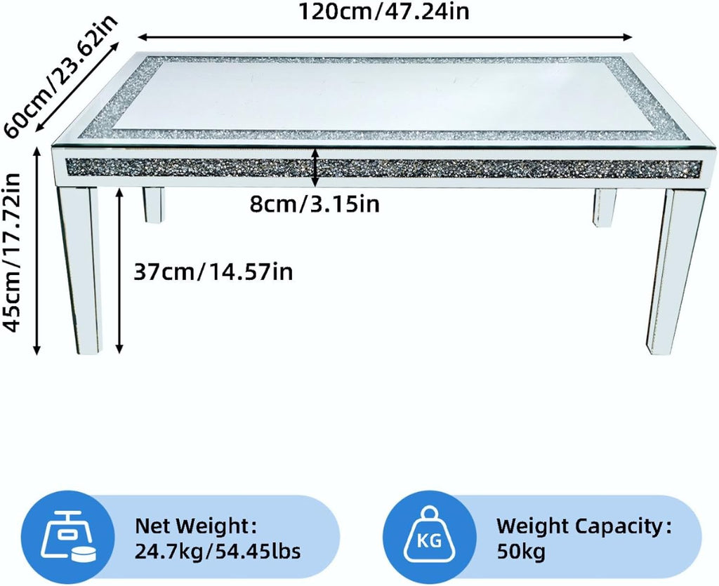 Silver Mirrored Coffee Table: Crushed Diamond Mirror Framing Edge
