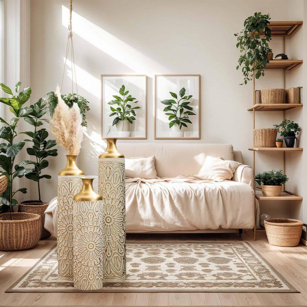 33.07/29.13/24.41 In. Gold and White Metal Modern Style Floor Bottle Vases Set of 3 Gorgeous Home Decoration for Indoor